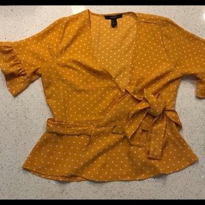 mustard polkadot wraparound blouse